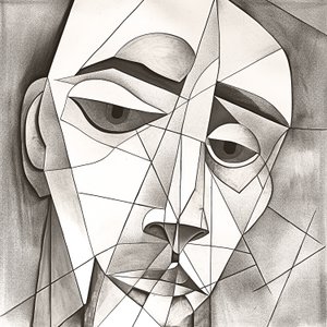 Abstrakcyjny prymitywny rysunek ołówkiem przedstawiający melancholijny portret twarzy autorstwa F. Abderrahim