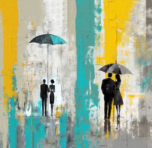 Romantyczny deszczowy dzień, zakochana para pod parasolem, grafika na ścianę autorstwa F. Abderrahim