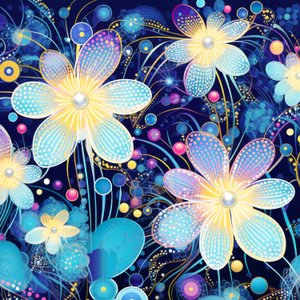 Motyw kwiatowy w kolorze niebieskim, styl yayoi kusama, druki artystyczne online autorstwa F. Abderrahim