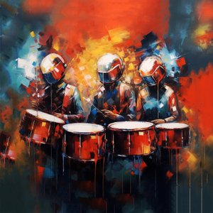 Grupa muzyków grających na perkusji, muzyka rockowa, grafika cyfrowa do druku autorstwa F. Abderrahim