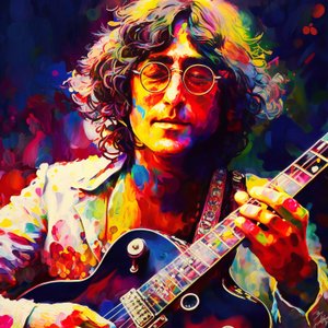 Portret Johna Lennona grającego na gitarze, grafika ścienna z muzyką lat 70. autorstwa F. Abderrahim