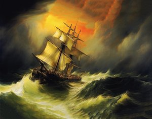 Statek w sztormie na morzu, styl malarstwa William Turner, druk na życzenie autorstwa F. Abderrahim