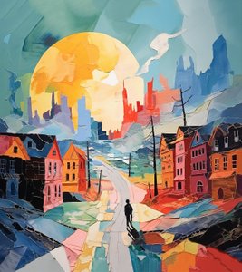 Śnieżny dzień na Starym Mieście, surrealizm Zimowy krajobraz, wydruki artystyczne na ścianie autorstwa F. Abderrahim