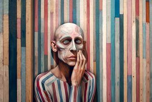 Surrealistyczny obraz smutnego mężczyzny inspirowany Giorgio de Chirico, grafiki artystyczne autorstwa F. Abderrahim