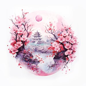 Japoński tradycyjny ogród domowy z fleurs, grafika ścienna autorstwa F. Abderrahim