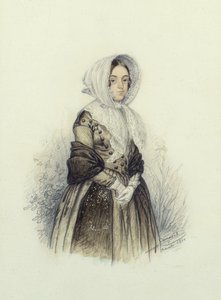 Portret młodej damy w czepku w białych rękawiczkach, 1840 (toaleta i ołówek na papierze)