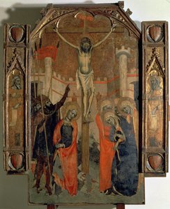 Ukrzyżowanie, górna część środkowego panelu wielkiego ołtarza Almudainy, ukończona w 1358 r. (tempera na panelu) autorstwa F. Bassa and R. Destorrents
