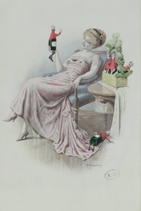 Pocztówka przedstawiająca kobietę z butelkami szampana w kształcie mężczyzn, ok. 1900 (kolor lito) autorstwa F. Kuderna