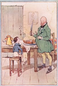 David jadł obiad z panem MiCawberem w więzieniu, ilustracja z Davida Copperfielda, 1914