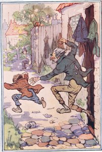 Wybiegł za nimi ze sklepu i wysłał ich w powietrze, ilustracja z Davida Copperfielda, 1914