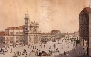 Plac Hybern, Praga (kolorowa akwaforta i miedzioryt) autorstwa F. and Heger, P. Heger