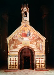 Na zewnątrz kaplicy Porcjunkuli z freskiem przedstawiającym św. Franciszka otrzymującego przebaczenie z Asyżu (Friedrich Overbeck), 1829 ; Wnętrze Santa Maria degli Angeli (zrekonstruowane przez Luigi autorstwa F and Poletti Overbeck