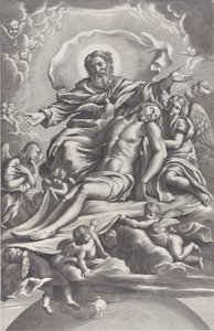 Trójca Święta z martwym Chrystusem w centrum w otoczeniu aniołów, Bóg Ojciec, ..., 1650-90. autorstwa F. de Louvement