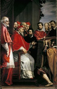 Michał Anioł przedstawiający papieżowi Juliuszowi III model budynku dworu Rota przy ulicy Giulia autorstwa Fabrizio Boschi