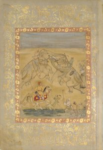 Jahangir oglądający walkę słoni, ca. 1605. autorstwa Farrukh Chela