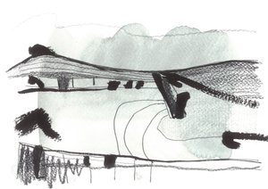 Spacer do Lewes, 2017 (akwarela i tusz na płótnie) autorstwa Faye Bridgwater