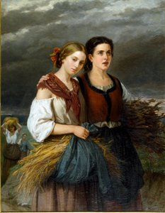 Powrót z pól Dwóch młodych chłopów w kaczanach w fartuchach stoi razem. Obraz Federiki Giuliano Gervasoniego (1838-1915) 1863 Nd. 135x105 cm Genes Nervi, Galleria d
