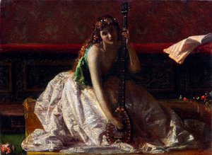 Scapigliatura: Lutnista par Faruffini, Federico (1831-1869). Olej na płótnie, format : 26x35