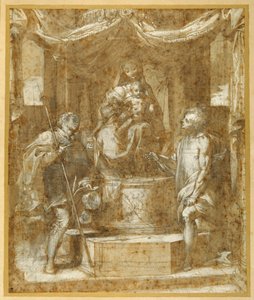 Dziewica z Dzieciątkiem na tronie pod baldachimem, ze św. Rochem i Sebastianem (pióro i brązowy tusz z brązowym rozmyciem i podwyższeniem) autorstwa Federico Fiori Barocci or Baroccio