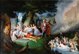 Renaud w ogrodzie Armide Ilustracja przedstawiająca scenę „The Jerusalem delivree” (La gerusalemme liberata) Torquato Tasso (znanego jako Kubek). Czarujący Armide otoczony bardzo symbolicznym seduitem Amours za pomocą swojego magicznego zwierciadła rycerza autorstwa Federico Peschiera