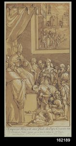 Cesarz Henryk IV (1050-1106) u stóp papieża Grzegorza VII (1020-85) ryty przez Mikołaja Le Sueura (1691-1764)