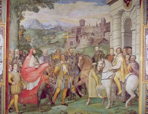 Karol V (1500-58) z Alessandro Farnese (1546-92) w Wormacji, z "Sala dei Fasti Farnese" (Sala Splendorów Farnese), 1557-66 (patrz 95812) autorstwa Federico Zuccaro