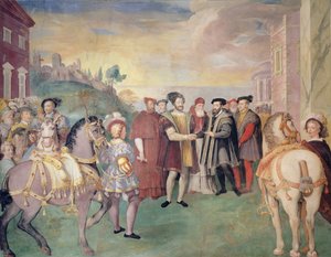 Rozejm nicejski między Franciszkiem I a cesarzem Karolem V w 1538 r., w środku papież Paweł III Farnese, wybrany w 1534 r.