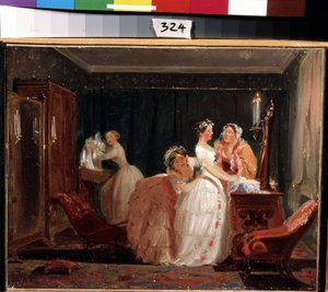 Przygotowania do ślubu. Mieszczańska dziewczyna w sukni ślubnej przygotowuje się do ceremonii ślubnej. Praca Fiodora Andriejewicza Bronnikowa (1827-1902). Olej na papierze, 26 x 33 cm autorstwa Fedor Andreevich Bronnikov
