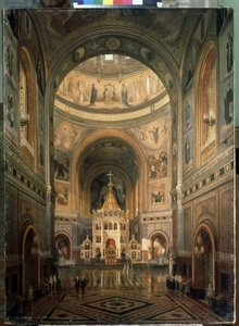 Widok wnętrza katedry Chrystusa Zbawiciela w Moskwie. (Widok wnętrza katedry Chrystusa Zbawiciela w Moskwie) - Zbudowany w latach 1839-1883, przez architekta Constantina Thona (Ton) - Opis architektury i dekoracji - Malarstwo autorstwa Fedor Andreevich Klages
