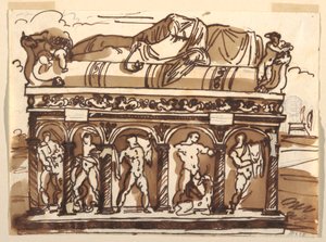 Rysunek przedstawiający rzymski sarkofag w Muzeum Watykańskim, ok. 1820 r. autorstwa Felice Giani