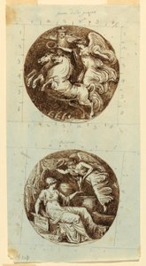 Rysunek, Uskrzydlone Zwycięstwo jadące na rydwanie; Uskrzydlone Zwycięstwo wieńczące Minerwę; dwa ronda, ok. 1805 r. autorstwa Felice Giani