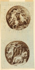 Rysunek, Uskrzydlone zwycięstwo jadące na rydwanie; Uskrzydlone zwycięstwo wieńczące boga rzeki, Reno; dwie okrągłe ryciny, ok. 1805 r. autorstwa Felice Giani