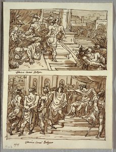 Remus zabija króla Amuliusa; Remus zakuty w kajdany przed królem Amuliusem; Dwa studia po Carracci autorstwa Felice Giani