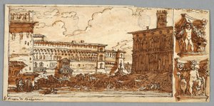 Sketchbook Page, Folio 57: Studium według Piazza Emmanuelle w Bolonii; Verso, Detal architektoniczny autorstwa Felice Giani