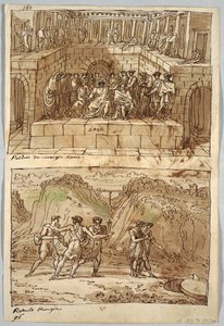 Strona szkicownika, Folio 98: Dwa obrazy według Caravaggia i Rafaela; Verso: Orzeł i Wół autorstwa Felice Giani