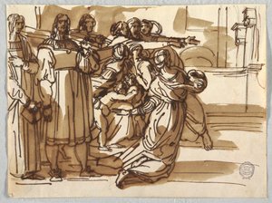 Prałat i stolce oraz kobiety w ich pobliżu w „Wypędzeniu Heliodora” według Raphaela Sanzio autorstwa Felice Giani