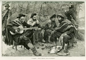 Payador, pojedynek na wiersze chodzących śpiewaków. Grawer Myrbacha, ilustrujący opowiadanie Voyage a la Plata, w 1886 r., autorstwa Emile Daireaux, in le tour du monde 1888, reż. Edouard Charton (1807-1890), Hachette, Paryż. autorstwa Felicien baron de Myrbach Rheinfeld