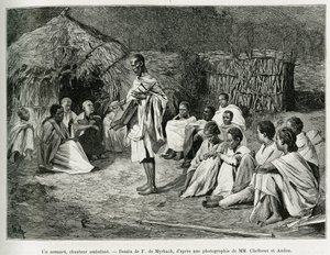Asmari, chodząca piosenkarka. Grawer F. De Myrbacha, po fotografii, ilustrujący opowiadanie Podróż au Choa (Abyssinie meridionale), 1884-1888, Henry Audon, in le tour du monde 1889, reżyseria Edouard Charton (1807-1890), Hachette , Paryż. autorstwa Felicien baron de Myrbach Rheinfeld