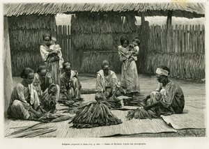 Rdzenni mieszkańcy wytwarzający tytoń. Grawerowanie autorstwa Myrbacha ilustrujące historię Lucon i Palaouan, sześć lat na Filipinach, Alfreda Marche (1844-1898), in le tour du monde 1886, w reżyserii Edouarda Chartona (1807-1890), Hachette, Paryż. autorstwa Felicien baron de Myrbach Rheinfeld
