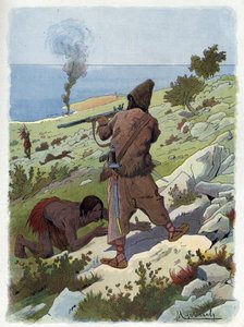 Robinson Crusoe zabija dzikusów ścigających Piątek.