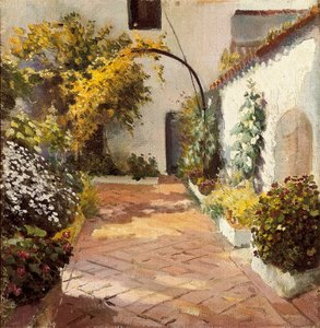 Patio de monjas (dziedziniec klasztoru). Obraz wykonany w Marmolejo w prowincji Jaen w Hiszpanii. Olej na płótnie, Felipe Abarzuza (1871-1948), pierwsza połowa XX wieku. Muzeum Prowincji Kadyks (Cadiz).
