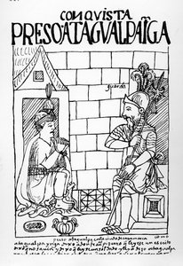 Atahualpa Inca w swoim więzieniu w Cajamarca autorstwa Felipe Huaman Poma de Ayala