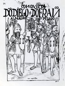 Konkwistadorzy Diego de Almagro i Francisco Pizarro pojednali się w Kastylii autorstwa Felipe Huaman Poma de Ayala