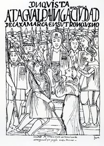 Diego de Almagro, Francisco Pizarro i fra Vicente de Valverde klęczący przed Atahualpą Inką w Cajamarca