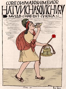 Imperium Inków: Chasquis (lub Chaskis), posłaniec, z qipi na plecach i trzymającym kipu (Quipo, Quipou) – rysunek tuszem z rękopisu „Nowa korona i dobry rząd” Don Felipe Pumy de Ayala i