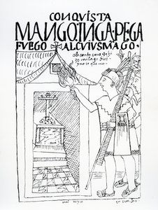 Manco Inca próbuje spalić inkaski pałac Cuyus Mango, który został nawrócony do kultu chrześcijańskiego, ale Bóg interweniuje (drzewryt) autorstwa Felipe Huaman Poma de Ayala