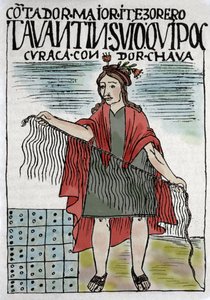 Quipu (Quipo Quipou) Inkaski system rachunkowości w linach i węzłach, kultura Inków 1400-1532 ne, rękopis Felipe Guamana Puma de Ayala (Nowa Kronika i Dobry Rząd), indyjskiego felietonisty z XVI wieku.