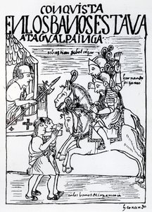 Sebastian de Benalcazar i Hernando Pizarro konfrontują się z Atahualpa Inca w Łazienkach Królewskich w Cajamarca (drzewryt) autorstwa Felipe Huaman Poma de Ayala