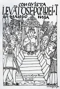 Nowo koronowany Manco Inca na tronie w Cuzco (drzeworyt) autorstwa Felipe Huaman Poma de Ayala