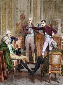 Pierwszy konsul Bonaparte w rozmowie z matematykiem Gaspardem Monge - Dyskusja entre Bonaparte, premier konsul, et Gaspard Monge (1746-1818) rycina Felixa Philippoteaux (1815-1884).